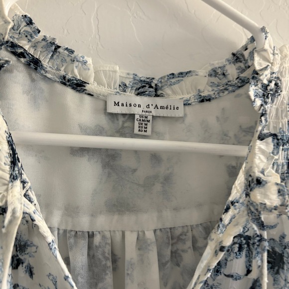 Maison d'Amelie Floral Blouse Long Sleeve Swiss Dot Ruffle Neck Sheer Top Medium - Picture 2 of 7
